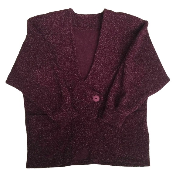 Burgundy Chunky Woven Jacket Women XL One Button 2 Large Pockets Shoulder Pads - Picture 6 of 9